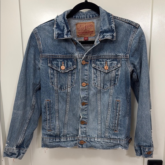 Lucky Brand Jean Jacket Tomboy Trucker Button Front Distressed Women Size S/P - Picture 1 of 15